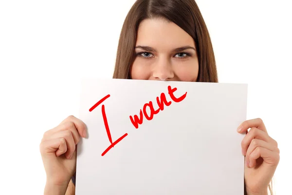 Vidám teen girl gazdaság üzenet, "azt akarom" — Stock Fotó