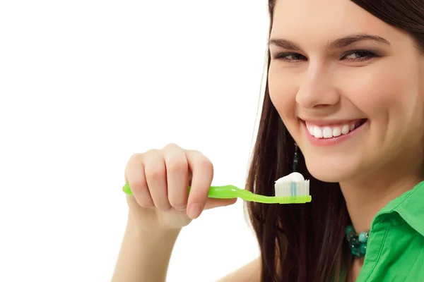 Perfect smile healthy tooth cheerful teen girl isolated on whit — Stock Photo, Image