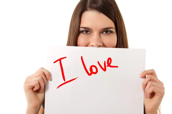 Cheerful teen girl holding message "I love" — Stock Photo, Image