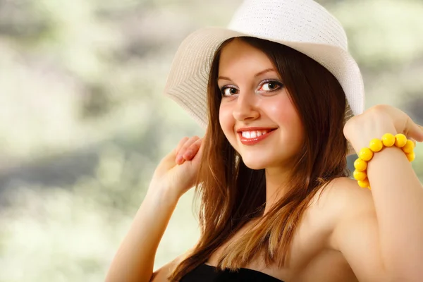 Summer young woman cheerful in panama enjoying isolated on white — Stock Photo, Image