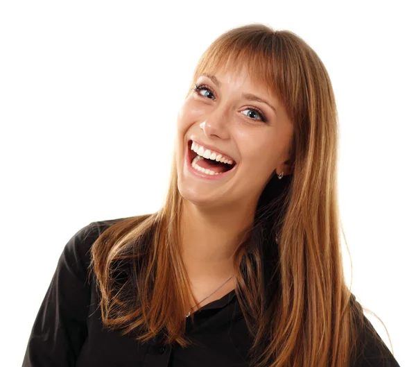 Счастливая девочка-подросток красивый молодой улыбающийся загар изолирован на белом фоне — стоковое фото