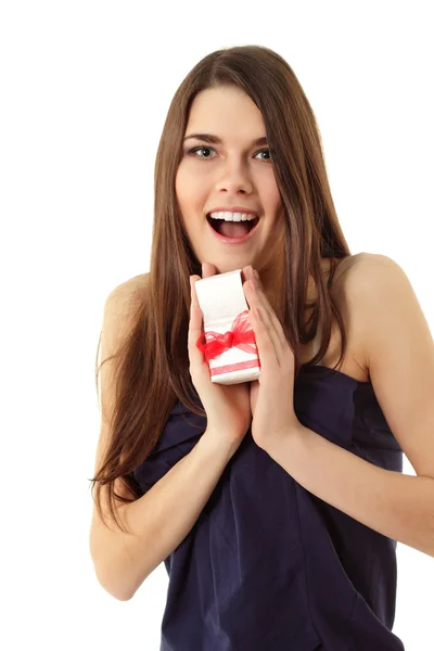 Happy teen girl opening valentine gift isolated on white — Stock Photo, Image