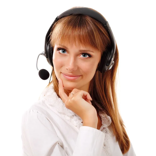 Suporte a operadora de telefone no fone de ouvido no local de trabalho — Fotografia de Stock