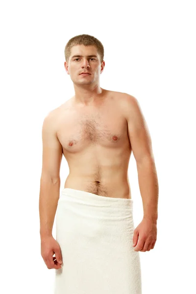 Man young handsome athlete with bath towel isolated on white — Stock Photo, Image