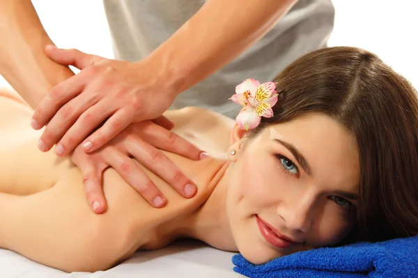 Massaggio donna giovane bella allegra isolato su bianco — Foto Stock