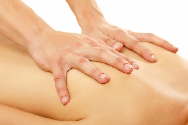 Handen van masseur masseren vrouw jonge mooie geïsoleerd op whi — Stockfoto