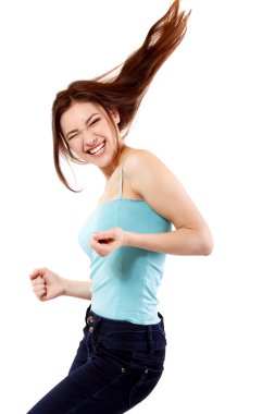 승리 하이 틴 소녀 행복 한 넋 몸짓 성공.