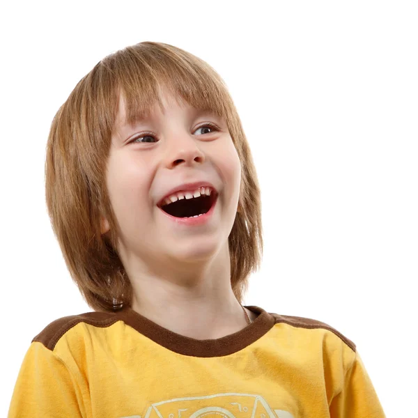 Heureux rire petit garçon isolé sur blanc — Photo