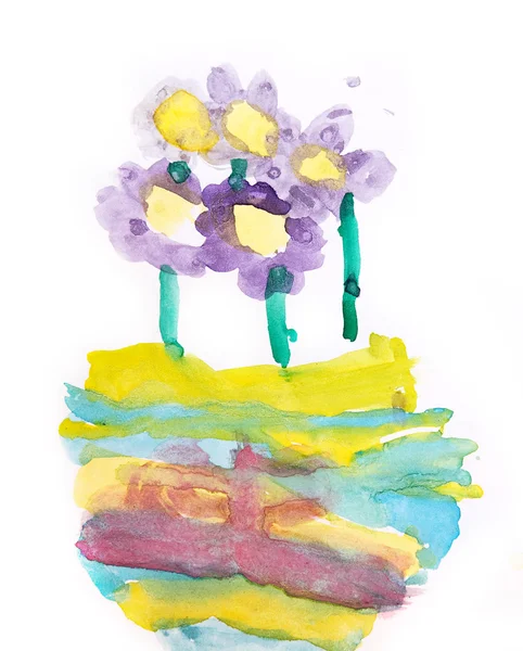 Kwiaty w wazonie dziecinna rysunek sztuka na białym tle — Zdjęcie stockowe