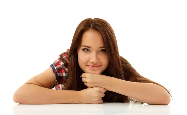 Menina adolescente bonita alegre desfrutando isolado no branco — Fotografia de Stock