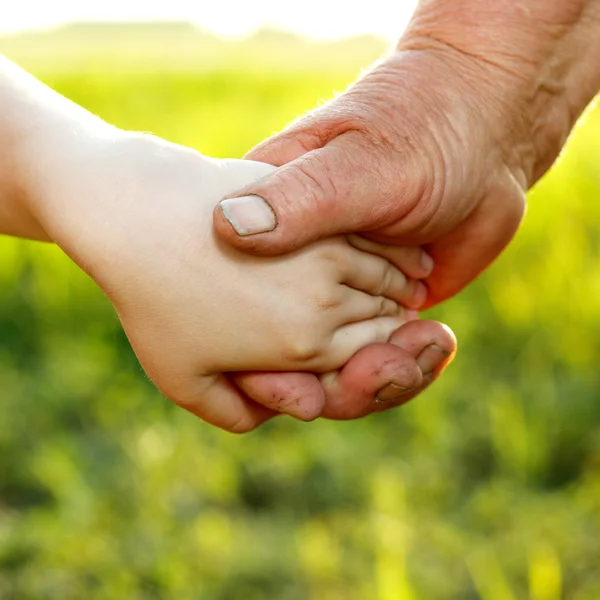 Hans of young child and old senior overworked over nater wheat summer field — Stock Photo, Image