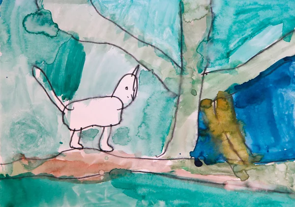 Grappige kat lopen in bos kinderachtig tekening kunst — Stockfoto