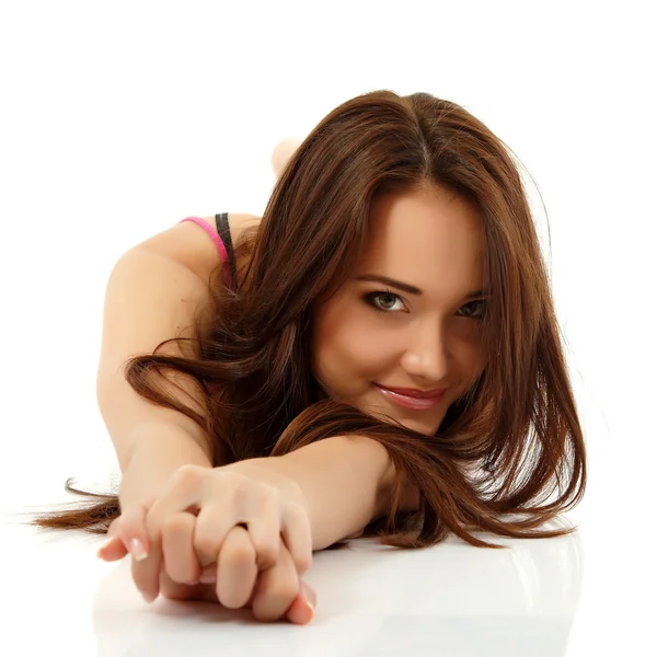 Menina adolescente bonita alegre desfrutando isolado no branco — Fotografia de Stock