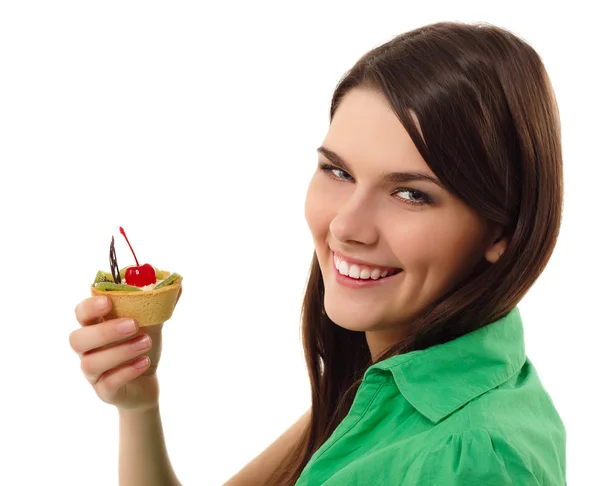 Beautiful teenager girl eating sweet cake — Stock Photo, Image