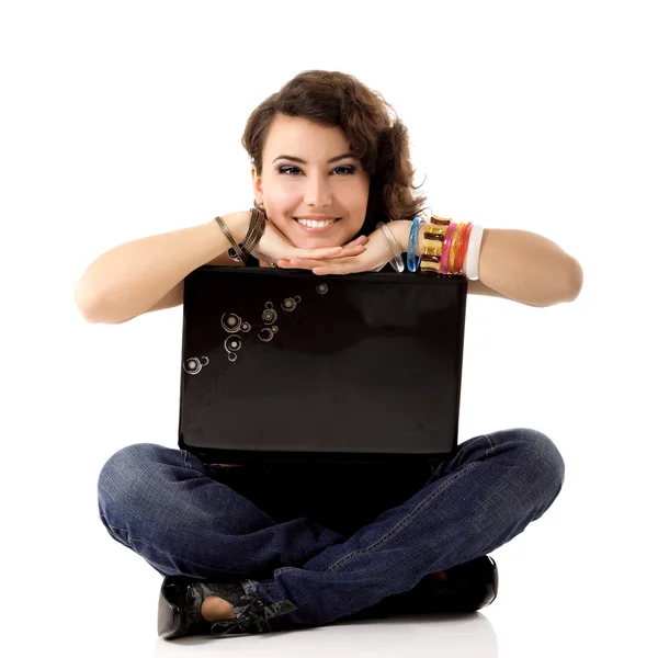 Young cute cheerful woman studing and smiling with notebook — Stock Photo, Image