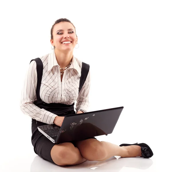 Mujer de negocios alegre cuaderno de trabajo —  Fotos de Stock