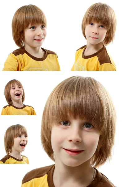 Portrait de mignon drôle heureux sourire petit garçon isolé sur fond blanc — Photo