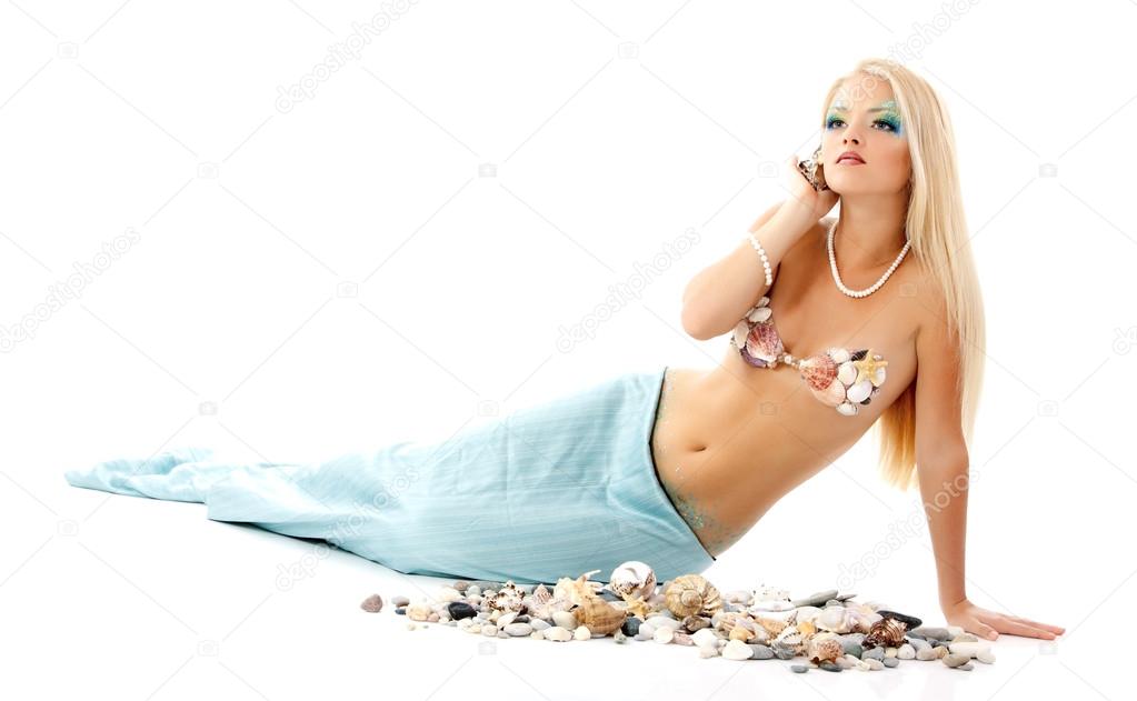 mermaid beautiful magic mythology young woman listening shell