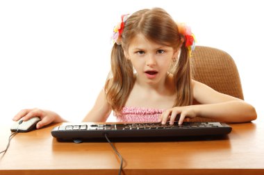 Child with internet dependence with keyboard looking at camera like in monitor clipart