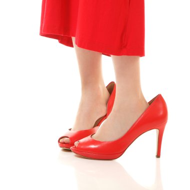 Little fashion girl in mother's red dress and shoe's on high heels clipart