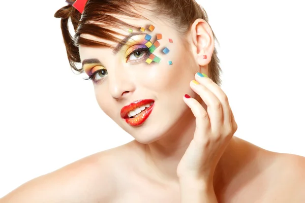 Young attractive woman with beautiful art cube abstract make-up — Stock Photo, Image