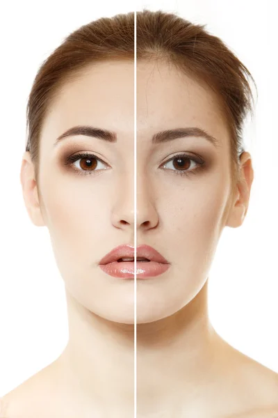 Retusz - oblicze piękna młoda kobieta przed i po retuszu — Zdjęcie stockowe