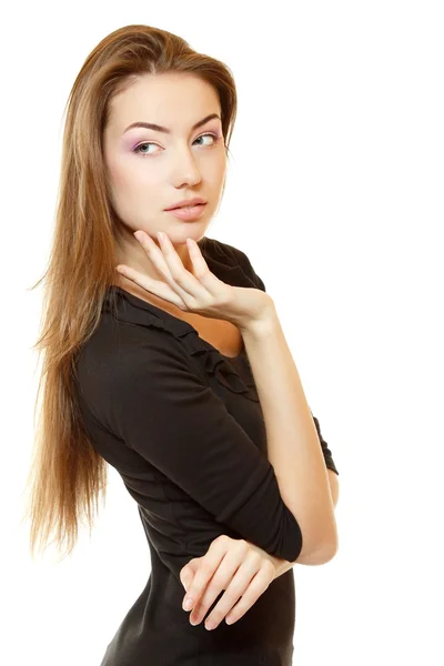 Portait of beautiful delightful young woman with perfect body in black dress — Stock Photo, Image