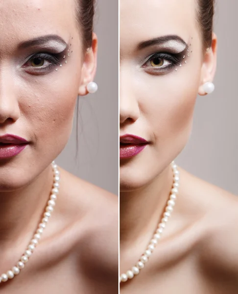 Retusch - vacker ung kvinna före och efter retusch ansikte — Stockfoto