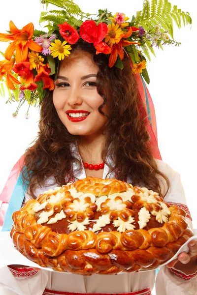 Beautiful ukrainian woman in garland and native costume — Stock Photo, Image