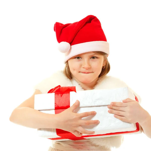 Щаслива Різдвяна дівчинка з натяжною коробкою — стокове фото