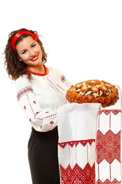 Beautiful ukrainian young hospitable woman in native costume — Stock Photo, Image