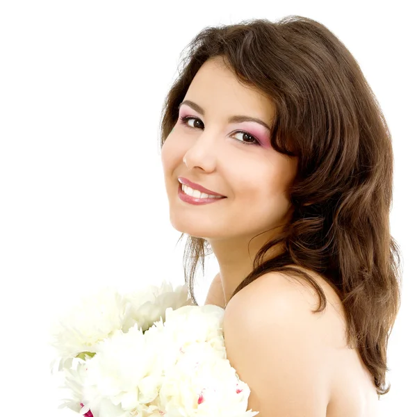 Ženská krása tvář s Pivoňka květ — Stock fotografie
