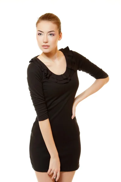 Portait of beautiful delightful young woman with perfect body in black dress — Stock Photo, Image