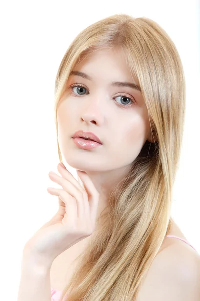 Beautiful woman face closeup with long blond hair — Stock Photo, Image