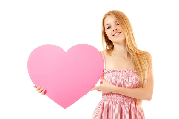 Büyük pembe kalp ile mutlu kız — Stok fotoğraf