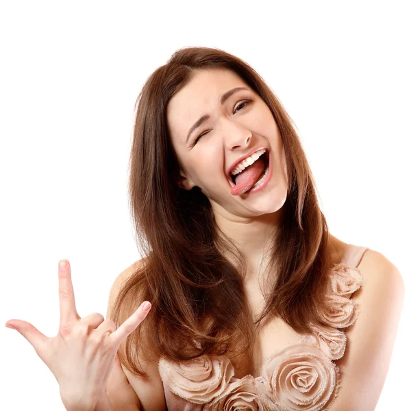 Engraçado adolescente menina feliz extático fazer rostos e gestos com a mão — Fotografia de Stock