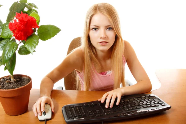 Teen girl with internet dependence looking in monitor — Stock Photo, Image