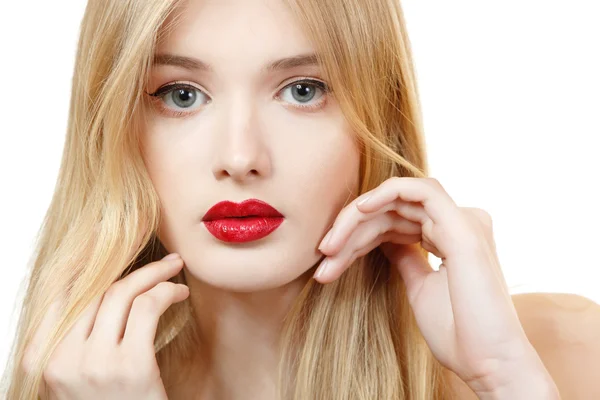 Beautiful woman face closeup with long blond hair and vivid red lipstick — Stock Photo, Image