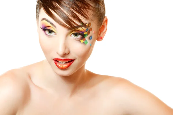 Young attractive woman with beautiful art cube abstract make-up — Stock Photo, Image