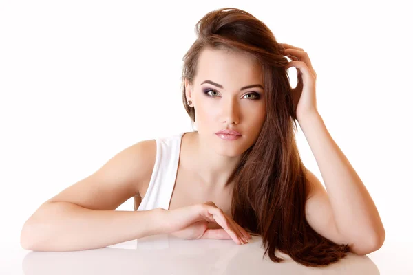Teen girl with beautiful long brown hair Stock Photo