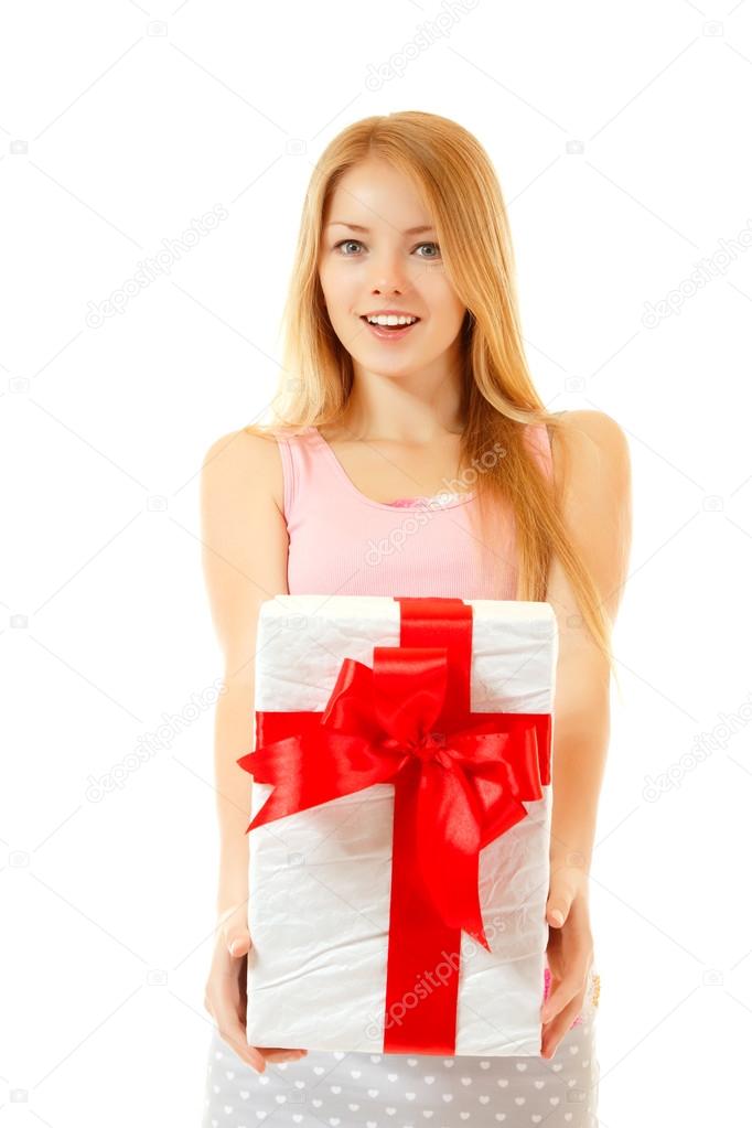 happy girl with present box