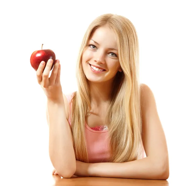 Glückliches Teenie-Mädchen mit rotem Apfel — Stockfoto