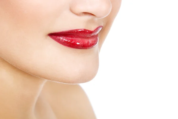 Donna con rossetto rosso vivo — Foto Stock