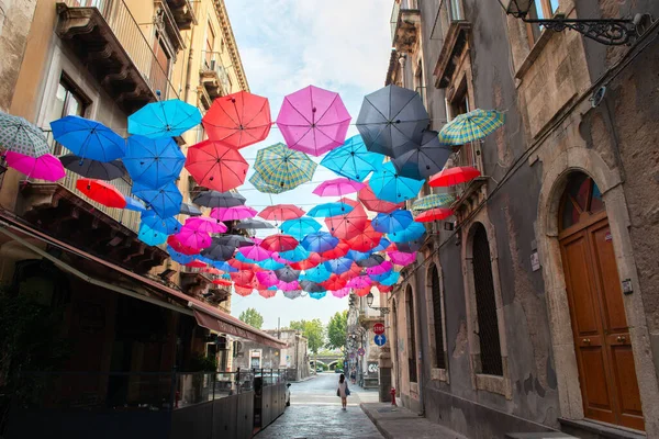 Kleurrijke Paraplu Decoratie Straten Catania Centrum Sicilië Italië — Stockfoto