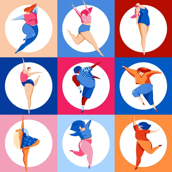Set Vector Illustrations Happy Jumping Dancing Active Women Flat Style — Stock Photo, Image