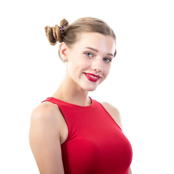 魅力的なティーン女の子身に着けている赤トップ 肖像画以上白の背景 — ストック写真