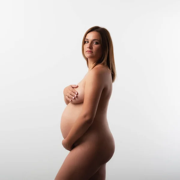 Femme Enceinte Avec Gros Ventre Posant Studio Sur Fond Blanc — Photo