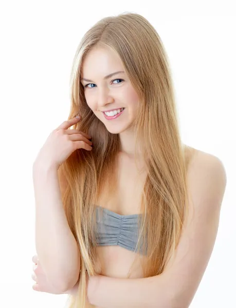 Aantrekkelijke Jonge Blanke Vrouw Met Lang Blond Haar Gelukkig Glimlachen — Stockfoto