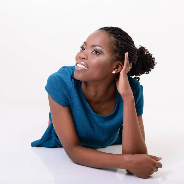 Beautiful Young African Woman Smiling Looking Left Corner White — Stock Photo, Image