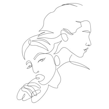 Kadın yüzü çizimleri, moda ve güzellik kavramı, minimalist, tişört için vektör illüstrasyonu, baskı tasarımı, kapaklar, web